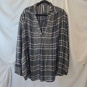 Free People Black & White Metallic Sequins Woven Women's Pullover Top L Oversize